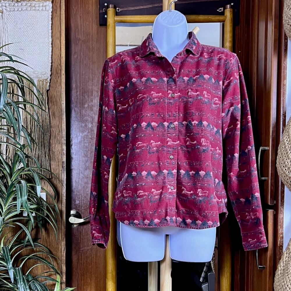 Vintage 90s Pacific Crest Shirt Womens M Horse Print Western Red Cotton Ranch